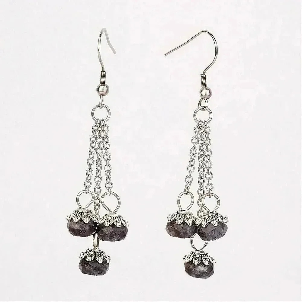 Handmade Edgy Surgical Steel Gemstone Earrings Triple Chain Natural Labrodorite